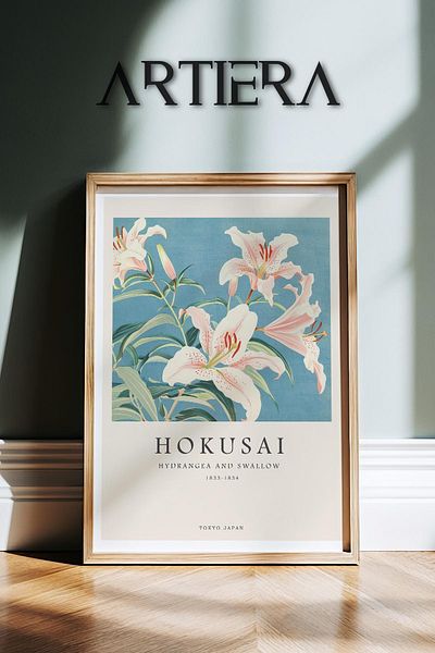HİGUERA Hokusai Lily – Modern Japandi Art Blue Botanical Themed Wooden Framed Wall Painting