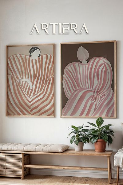 HİGUERA Pictură în ulei figurativă în dungi de teracotă Feel Dual Pictură de perete într-un cadru din lemn