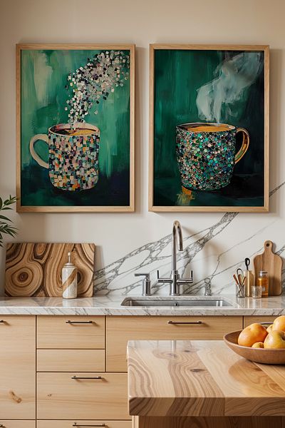 HİGUERA Cupă strălucitoare pe fundal verde KTB Tablou de perete de bucătărie cu rame din lemn natural
