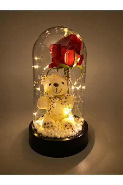 Lueeci Sevgililer Günü Özel Hediye, Fanus İçinde Beyaz Ayıcık Güllü ve Gün Iş...