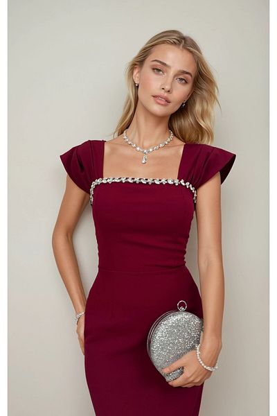 OLSAMODA Women's Stone Detail Atlas Fabric Long Length Wedding Engagement Promise Invitation Dress