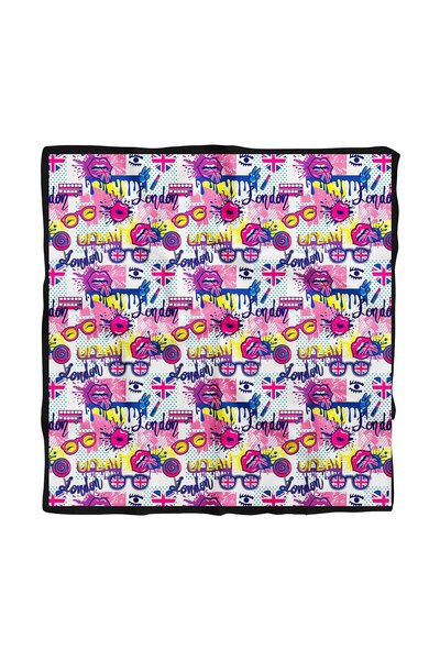 Modabutik V28 Kadın Pembe Mavi London Desen Desenli 50x50 Bandana Hyl Dg0774-22