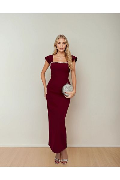OLSAMODA Women's Stone Detail Atlas Fabric Long Length Wedding Engagement Promise Invitation Dress
