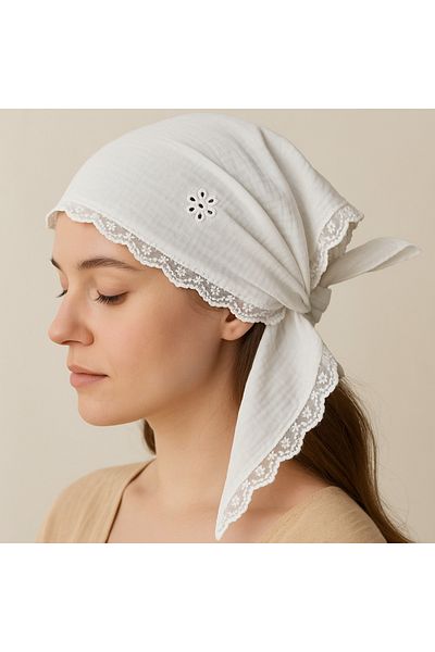 Mufincollection White Muslin Bandana with Self-Tie Lace |   100% Cotton