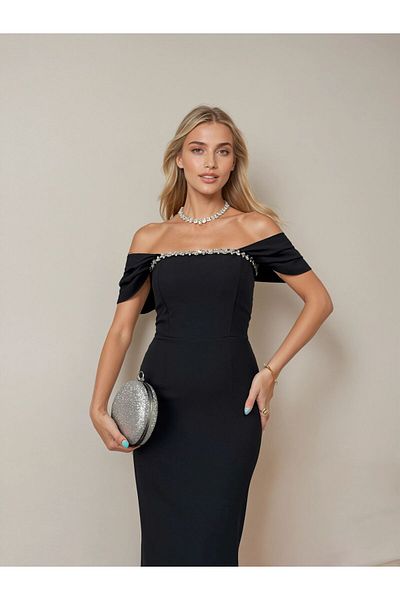 OLSAMODA Women's Stone Detail Atlas Fabric Long Length Wedding Engagement Promise Invitation Dress