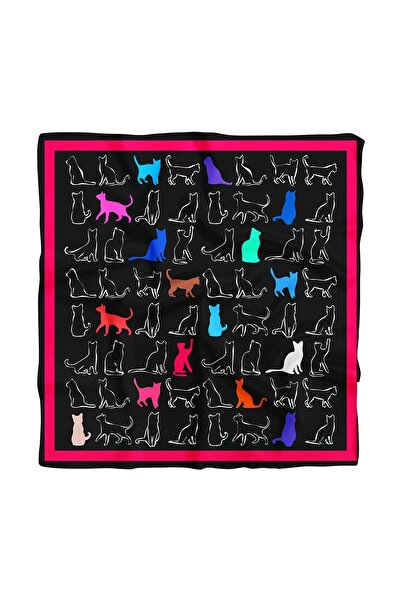 Modabutik Kadın Siyah Kedi Desenli 50x50 Bandana Hyl Dg0894-22