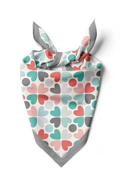 Modabutik V40 Kadın Kalp Desenli Bandana 50x50 Yeşil Kırmızı Dg0122-22