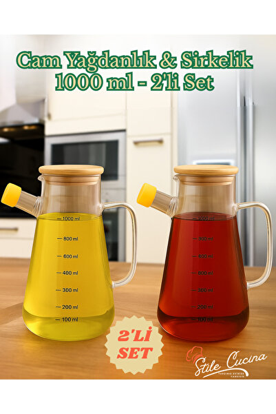 Stile Cucina Set of 2 Glass Oil Pot - Vinegar Set - Leakproof Bamboo Lid, Bor...