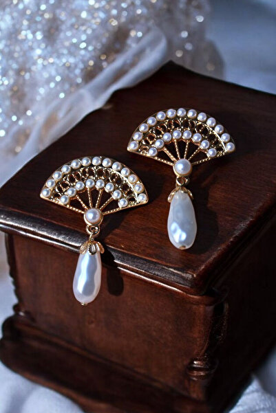 MIRADA JEWELRY Vintage Inci Tasarımlı Sallantılı Beyaz Yelpaze Küpe