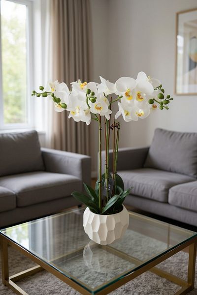 Living Artificial white orchid flowers, natural look, multiple branches, white pot, height 85 cm