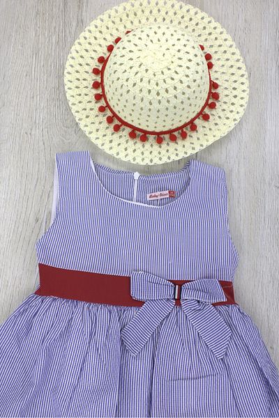 EYMİRGİYİM Summer Bow Girl's Baby Dress with Straw Hat 2 Years, 3 Years, 4 Years, 5 Years