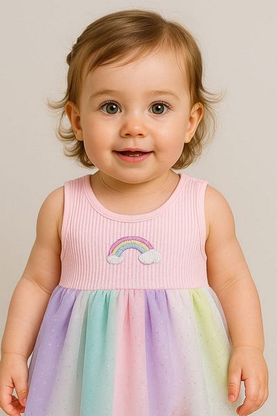 dinamik çocuk Rainbow Patterned Tulle Dress Top with Ribbed Sleeveless Summer Bottom with Snap Fastener Bodysuit for Girls