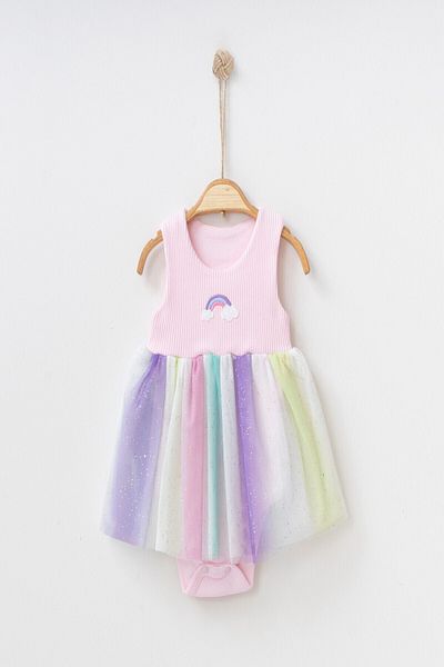dinamik çocuk Rainbow Patterned Tulle Dress Top with Ribbed Sleeveless Summer Bottom with Snap Fastener Bodysuit for Girls