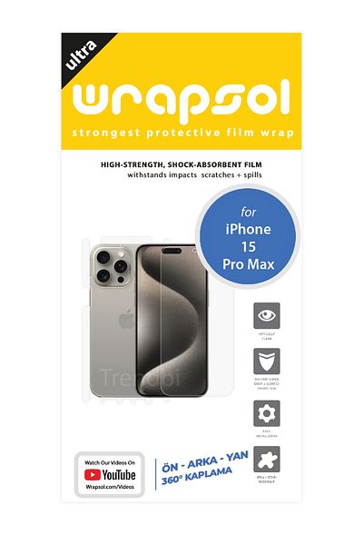 Wrapsol هاتف Iphone 15 Pro Max بهيكل كامل 360 درجة من الأمام والخلف وطبقة حماية جانبية من البولي يوريثين