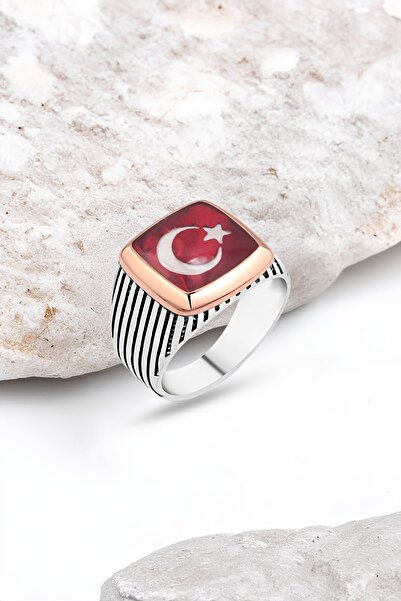 Silverplus Mineli Türk Bayraklı Gümüş Erkek Yüzük