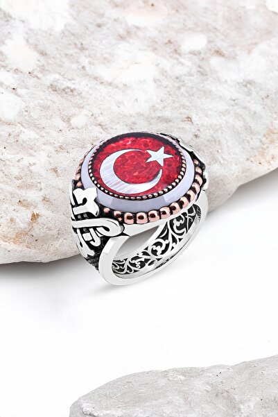 Silverplus Mineli Türk Bayrağı Kenarı Çember Taşlı Gümüş Erkek Yüzük