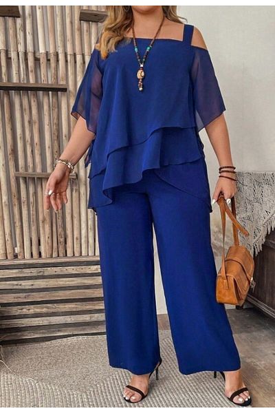 FOR ESRA BIG TREND Women's One Shoulder Double Layer Cheeky Chiffon Top Bottom Waist Elastic High Waist Pocket 2-Piece Evening Dress Suit