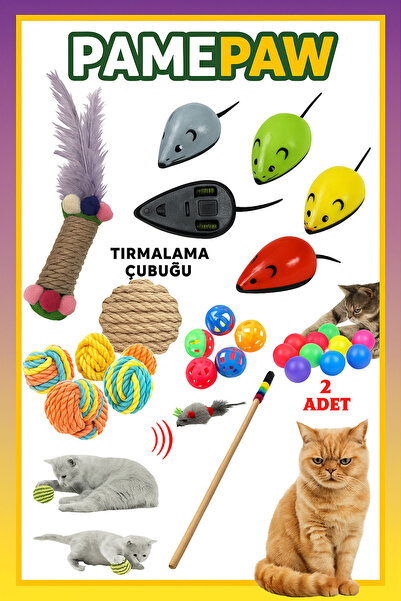 PAMEPAW 7'li Set : Çek Bırak Fare , Sarma Top , Olta , 2'li Mini Top , Çıngır...