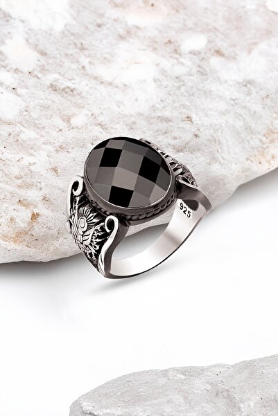 Silverplus Gümüş Fasetli Zirkon Taşlı Osmanlı Armalı Tuğralı Erkek Yüzük