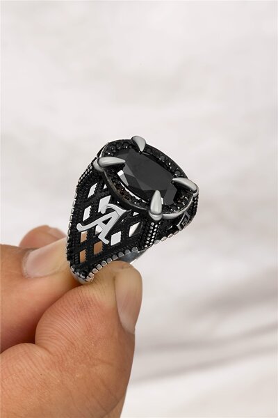 Silverplus Fasetli Oniks Taşlı Çift Tarafı Harfli Karartmalı Gümüş Erkek Yüzük