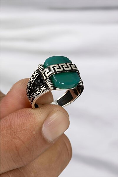 Silverplus Yeşil Akik Taş Üzeri Grek Motifli Gümüş Serçe Parmak Erkek Yüzük
