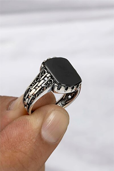 Silverplus Oniks Taşlı Zincir Motifli Gümüş Serçe Parmak Erkek Yüzük