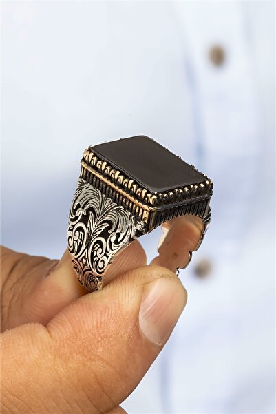 Silverplus Kare Siyah Taşlı Otantik Gümüş Erkek Yüzük