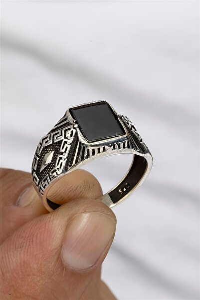 Silverplus Kare Oniks Taşlı Grek Desenli Gümüş Serçe Parmak Erkek Yüzük