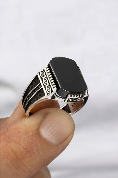 Silverplus Motifli Siyah Oniks Taşlı Gümüş Erkek Yüzük