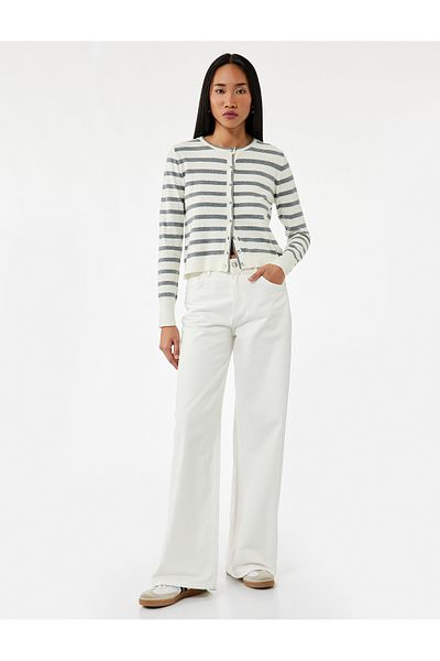 Koton Long Sleeve Crew Neck Striped Knitwear Cardigan