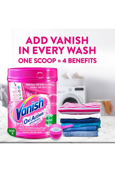 Vanish مزيل البقع أوكسي أكشن بودرة للملابس الملونة والبيضاء 500 جرام، يزيل البقع الصعبة للملابس البيضاء والملونة