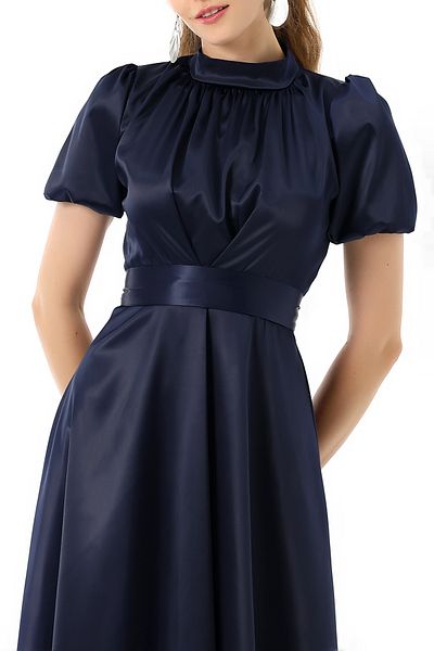 PERADO Nil Navy Blue Flared Skirt Short Sleeve Midi Length Satin Evening Dress