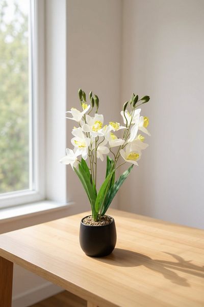 Living The distinctive artificial orchid plant, 55 cm, in a black pot.