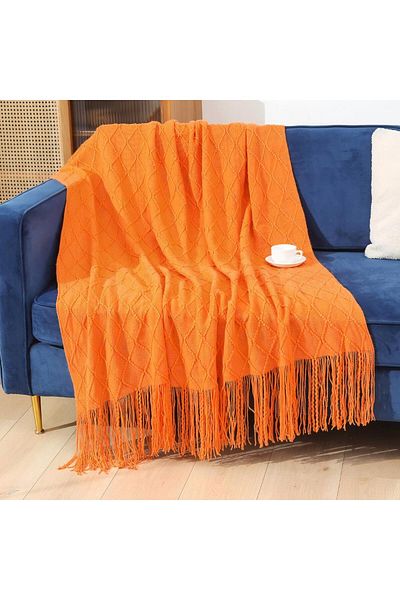 Generic Tassel Soft Blanket Sofa Blanket Warm Cotton Orange 172*127cm