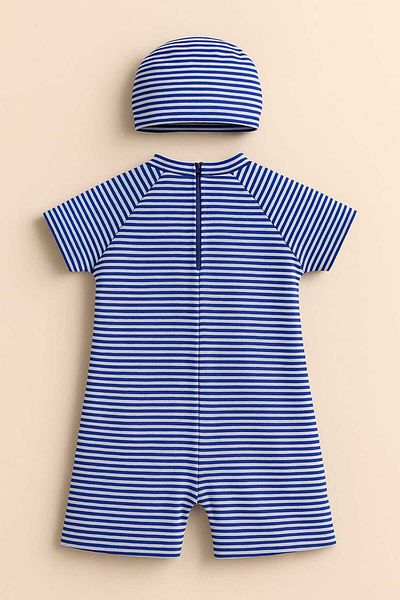 My Kids Wear Boy's Stripe Patterned Zippered Checkered Swimsuit Set 11902