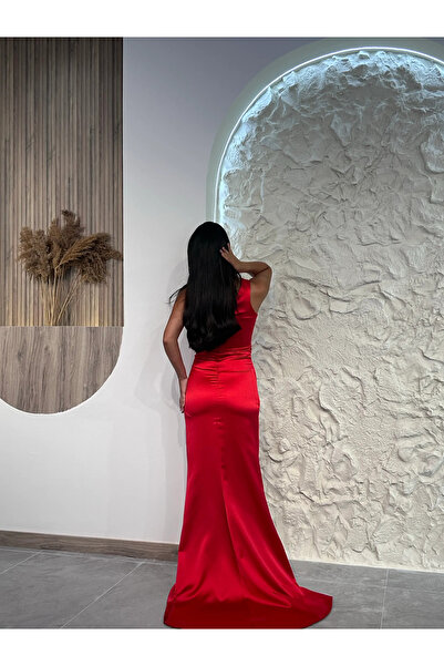 Kyra Studios 1563 Asimetrik Saten Abiye Elbise