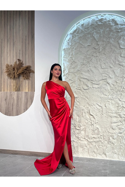 Kyra Studios 1563 Asimetrik Saten Abiye Elbise