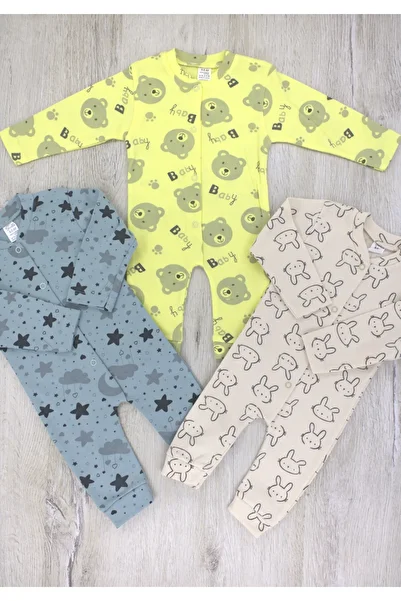 EYMİRGİYİM Colorful Patterned Ribbed 3-Piece 100% Cotton Baby Girl Boy Children's Jumpsuit 1-3 Months, 3-6 Months, 6-9 Months