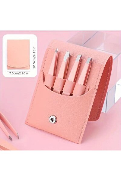 SİNKA Cımbız Seti 4'Lü Profesyonel Deri Çantalı Pembe Paslanmaz