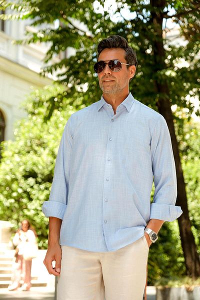 Fitmens Men's Shirt - Linen Collar, Long Sleeve, Buttoned Gift Box, Light Blue Fs- 003686
