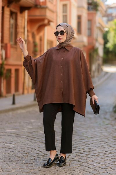 Neva Style Μανίκι Νυχτερίδα Σκούρο Καφέ Hijab Tunic 11853KKH
