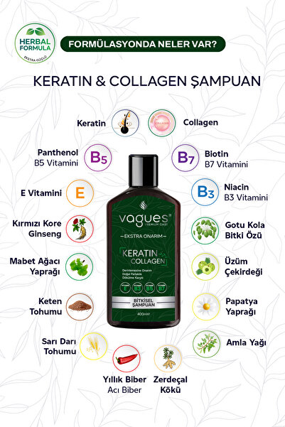 Vagues Premium Care Keratin Collagen Ekstra Onarım Dökülme Karşıtı Hızlı Uzama Etkili Bitkisel Şampuan