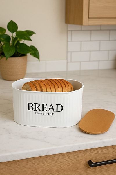 hemlife Metal Bread Bowl with Wooden Lid, Bread Box White