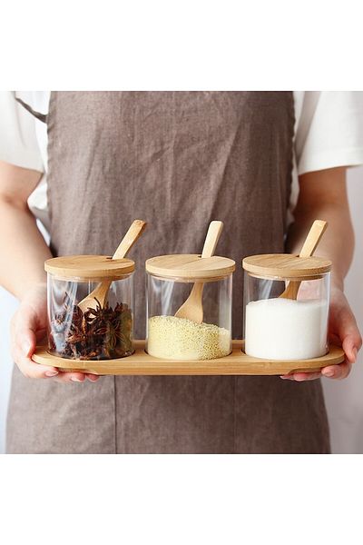 Generic 3-piece Glass Jars With Bamboo Lids And Wooden Spoon Brown/clear