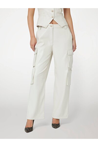 Guess High Waist Regular Fit Beige Women's Trousers Kori Pu Cargo - Faux Leather Soft t