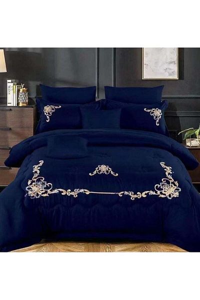 Comfy SOFT & LUXURIOUS 6 PC KING SIZE EMBROIDERED NAVY BLUE ROYALTY COMFORTER SET