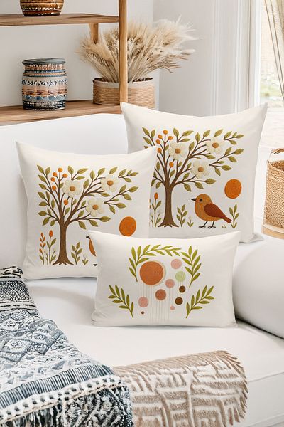 Bertille Home Set de 3 huse de pernă cu imprimare digitală pe două părți (aspect de broderie cu model de puncție)