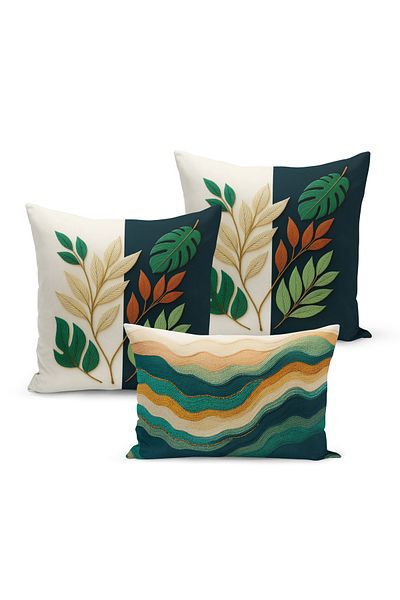 Bertille Home Set de 3 huse de pernă cu imprimare digitală pe două părți (aspect de broderie cu model de puncție)