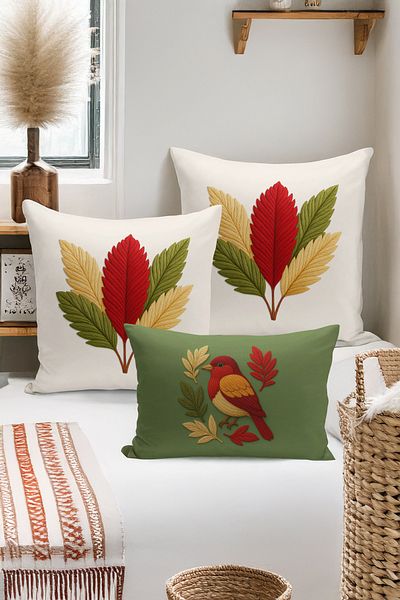 Bertille Home Set de 3 huse de pernă cu imprimare digitală pe două părți (aspect de broderie cu model de puncție)