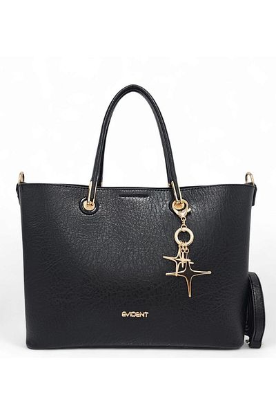Evident Black Soft Textured Classic Women's Hand and Long Strap Shoulder Bag with Charm